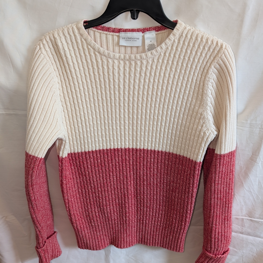 Liz Claiborne Two-Tone Cream and Dusty Rose Ribbed Sweater